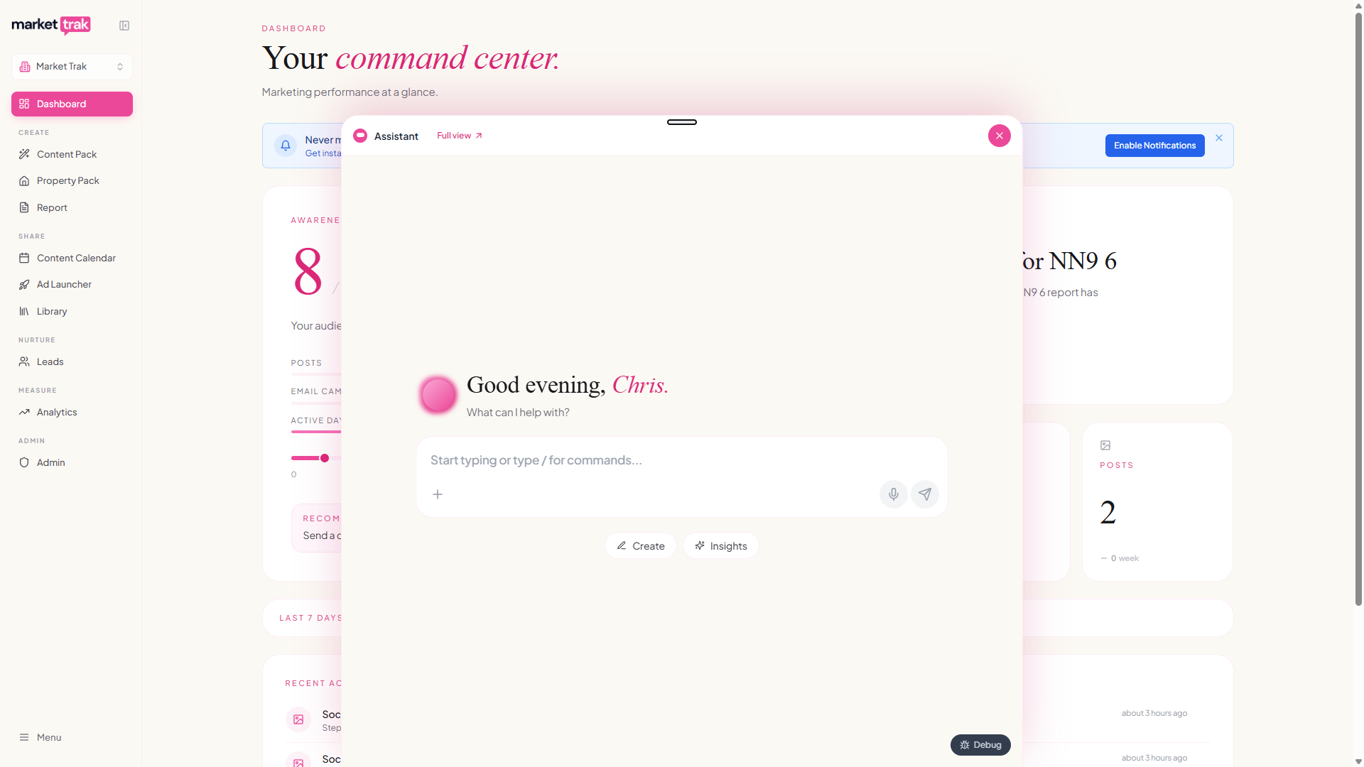 The assistant open over the dashboard, with the page still visible and clickable behind it