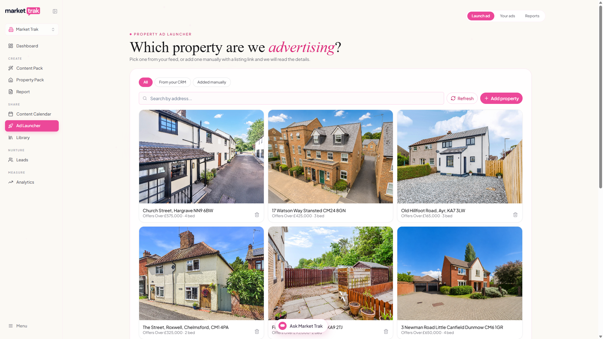 The Ad Launcher property picker with the property grid, source filters and the Add property button