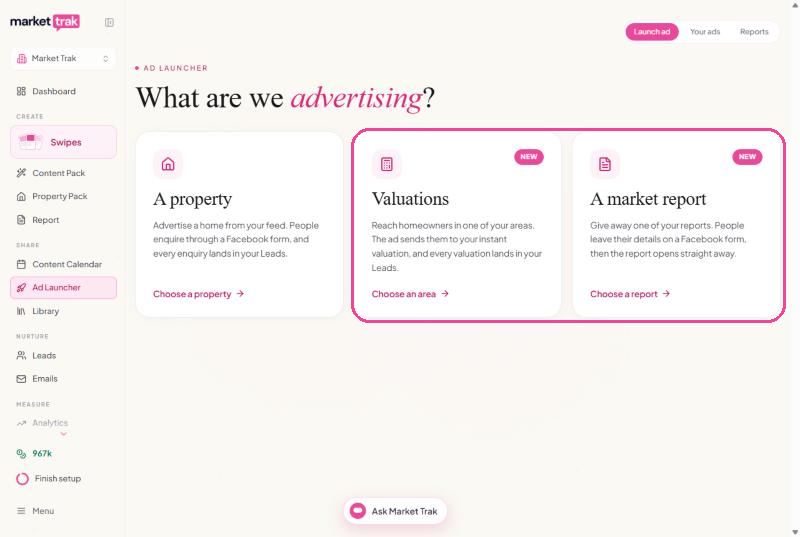 The Ad Launcher's first screen asking what you are advertising, with the Online valuations and A market report cards highlighted