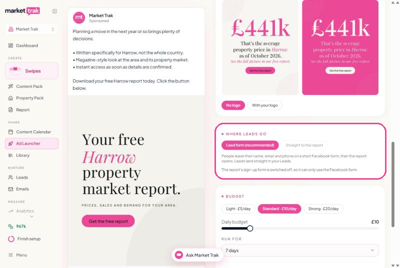 A market report ad for Harrow with the Where leads go choice highlighted: Lead form (recommended) or Straight to the report
