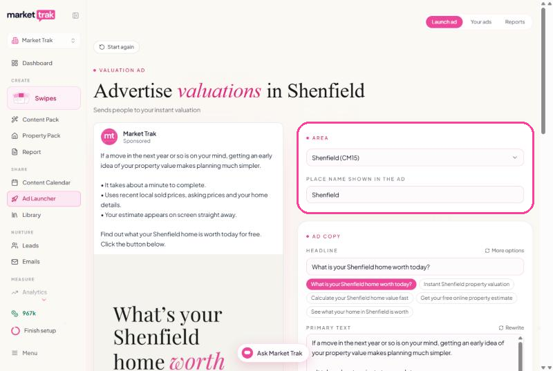 A valuation ad for Shenfield, with the Area dropdown and the place name shown in the ad highlighted, the ad copy below and the Facebook preview on the left