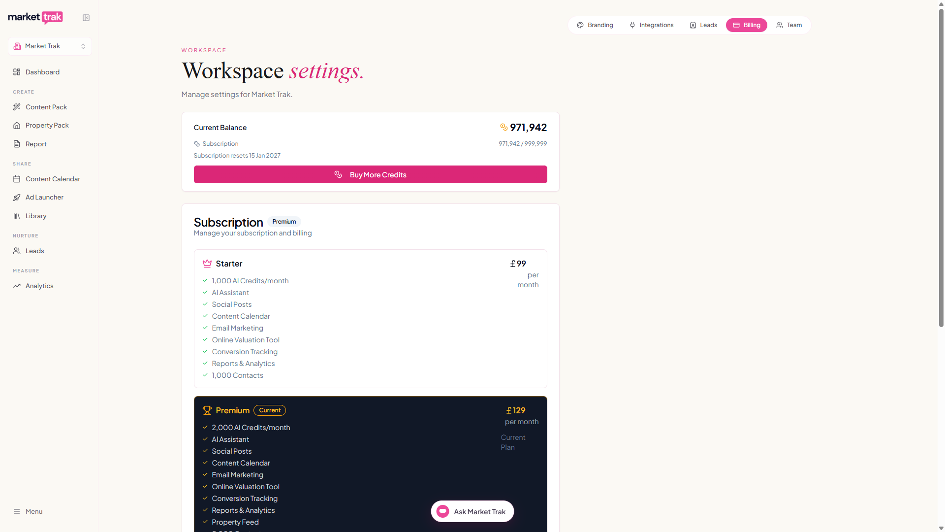 The Billing tab with the current credit balance, Buy More Credits button and the subscription plan cards