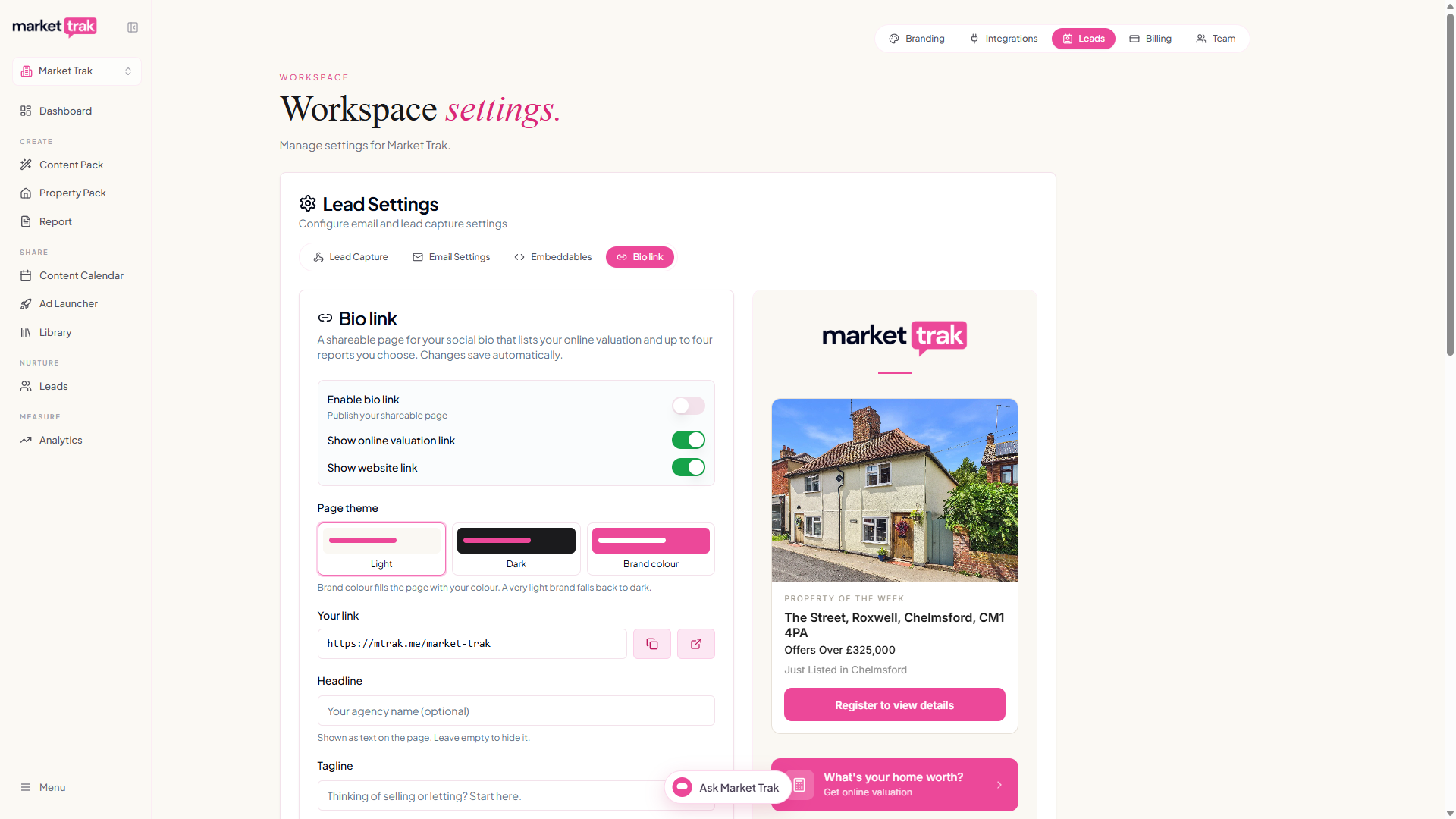 The Bio link editor with its toggles, page theme picker and your link, next to the live preview with a Property of the week card