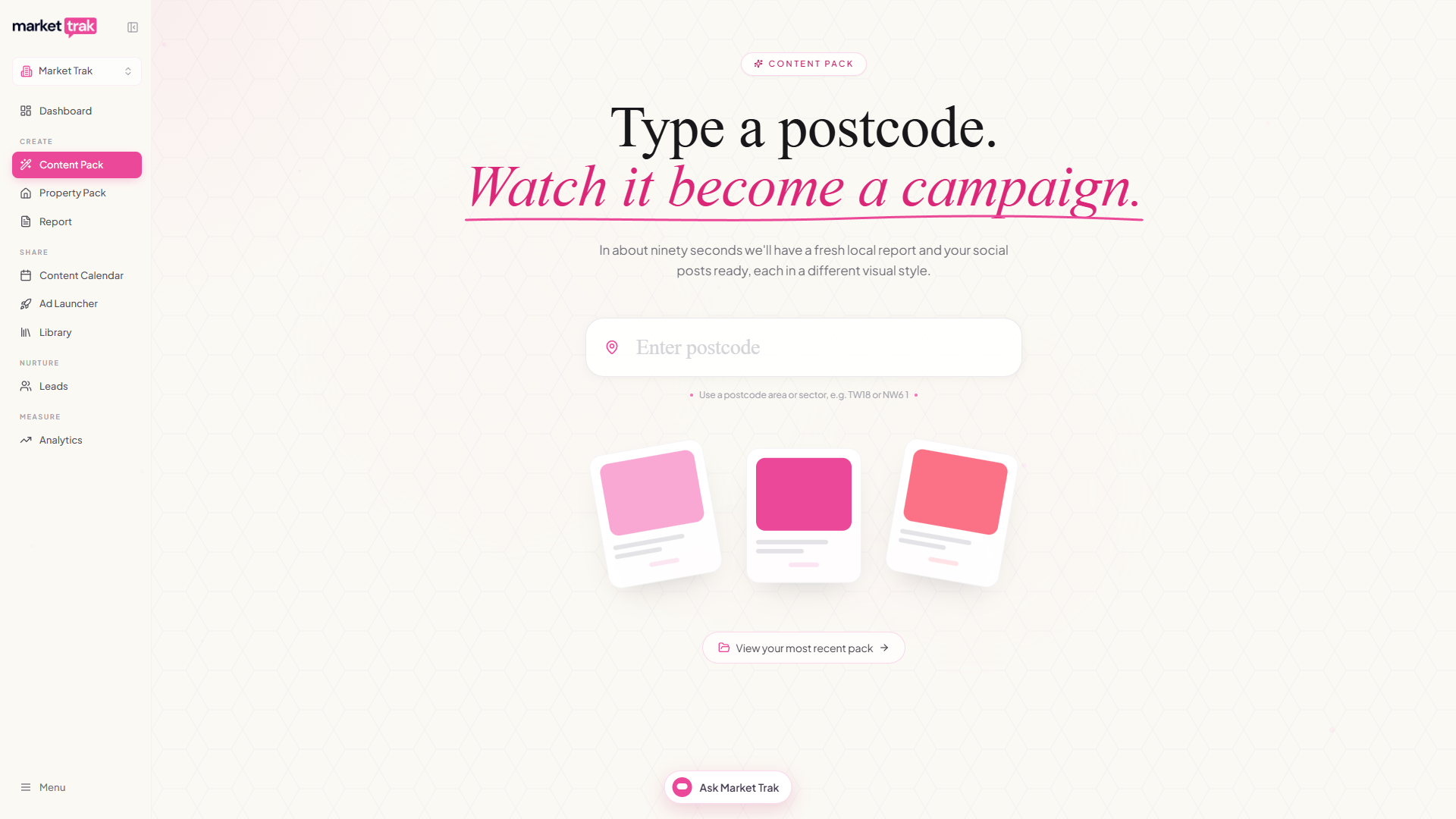 The Content Pack page with the postcode box ready to build a report and a week of posts