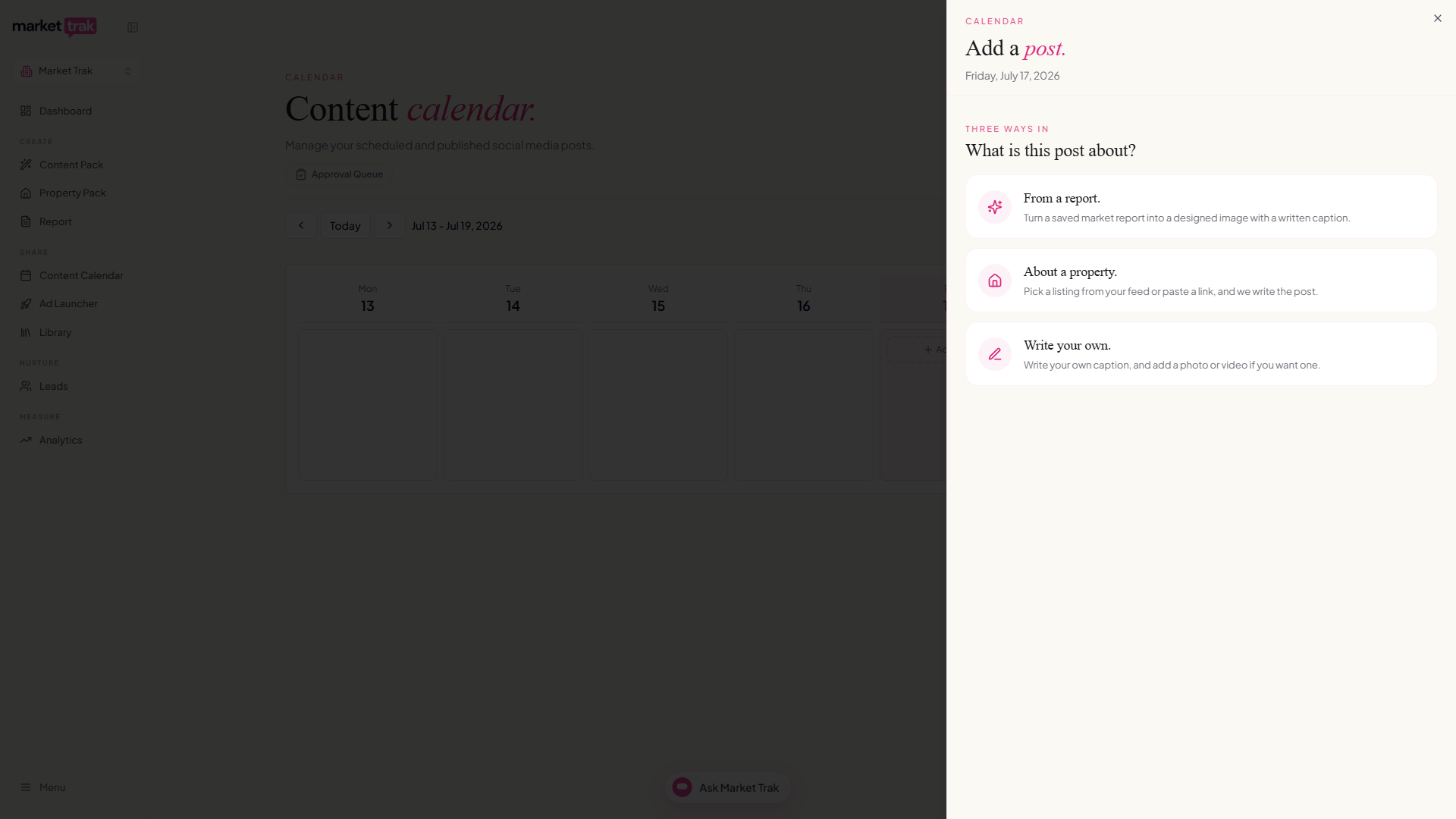 The Add a post drawer on the calendar, offering From a report, About a property and Write your own