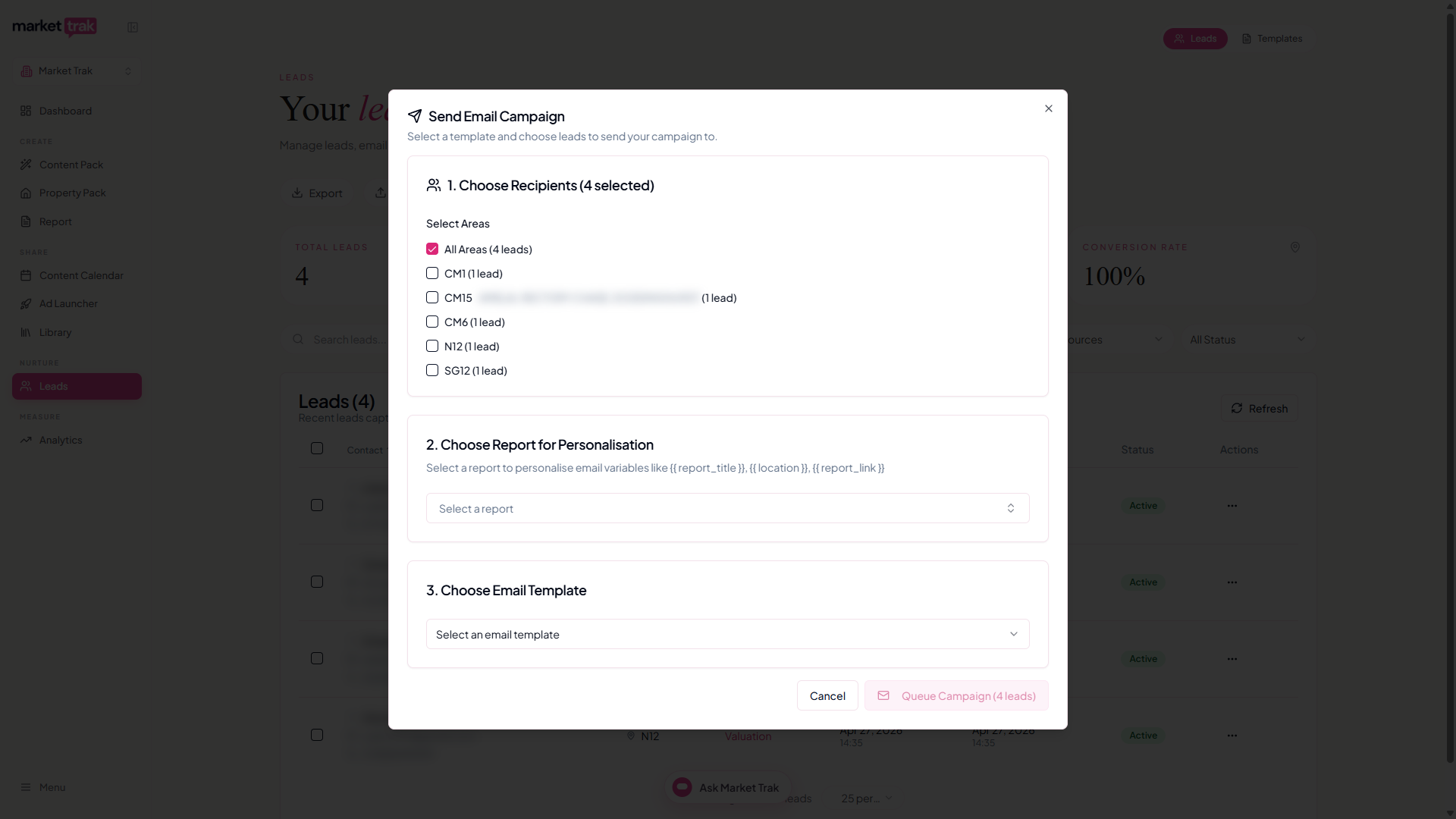 The Send Email Campaign window with recipients chosen by postcode district, a report for personalisation and a template picker
