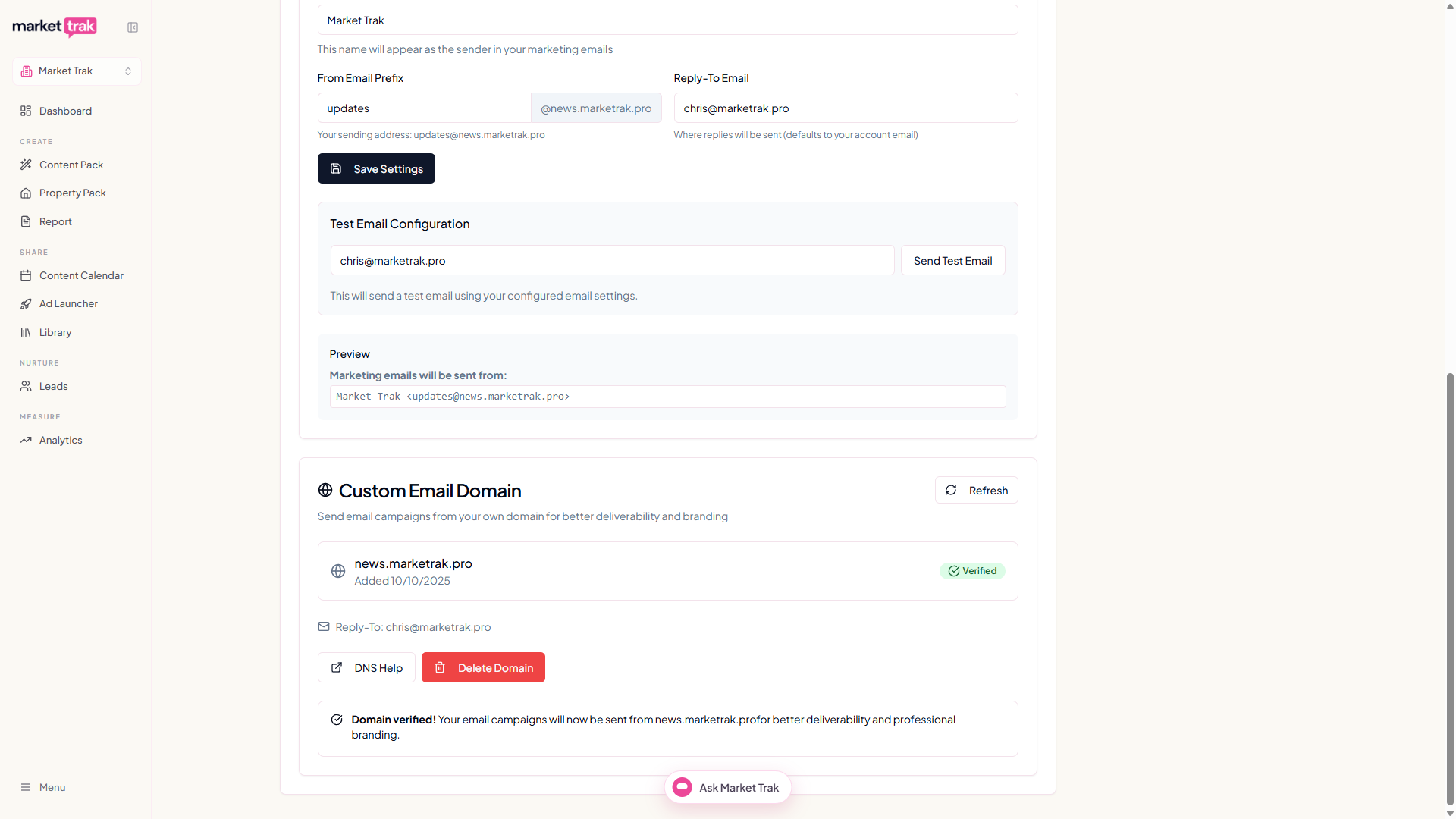 The Custom Email Domain section showing a verified domain, with the test email tool and sender preview above it