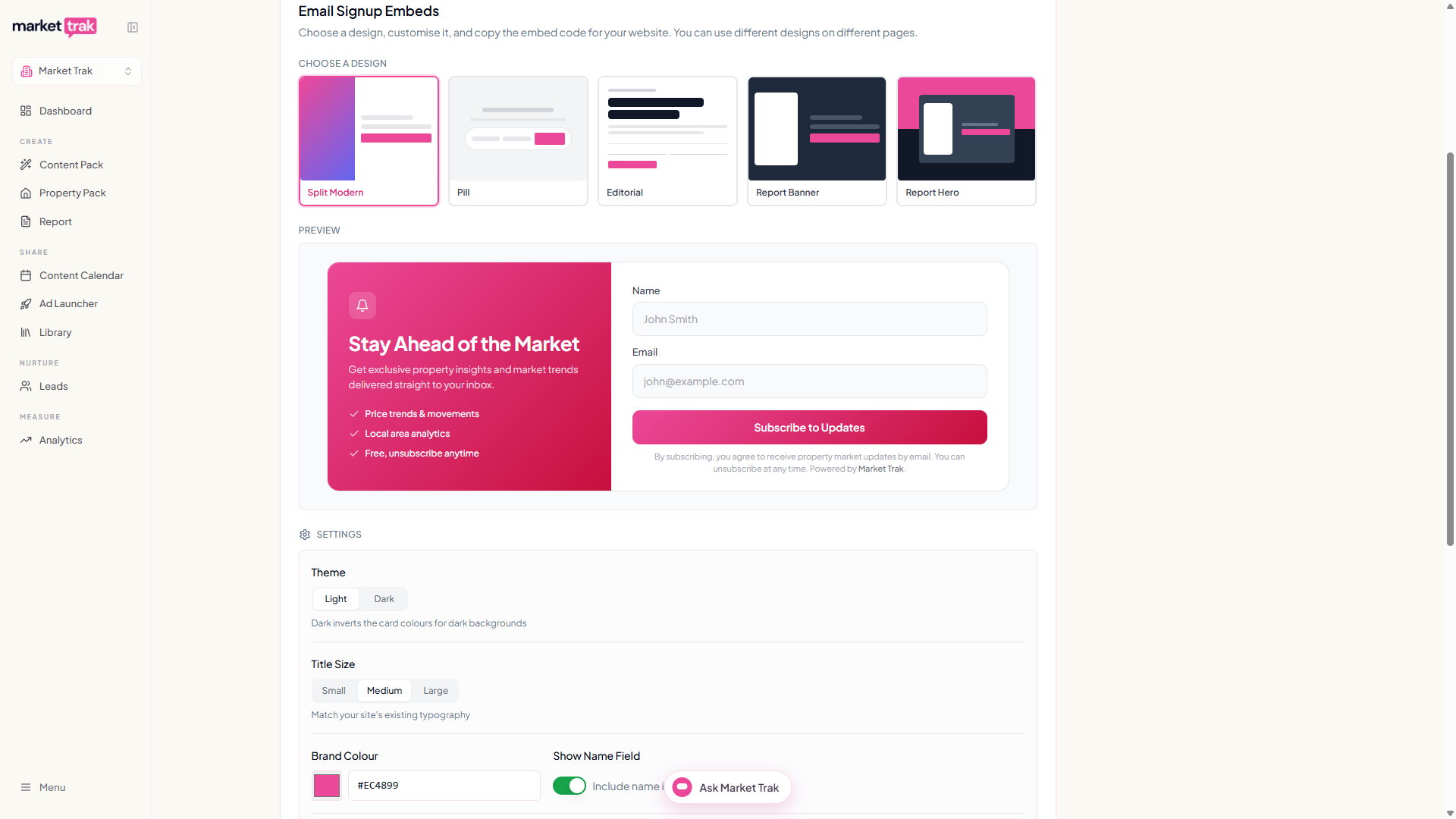 The Email Signup Embeds gallery with the five designs, a live preview of Split Modern and the settings panel