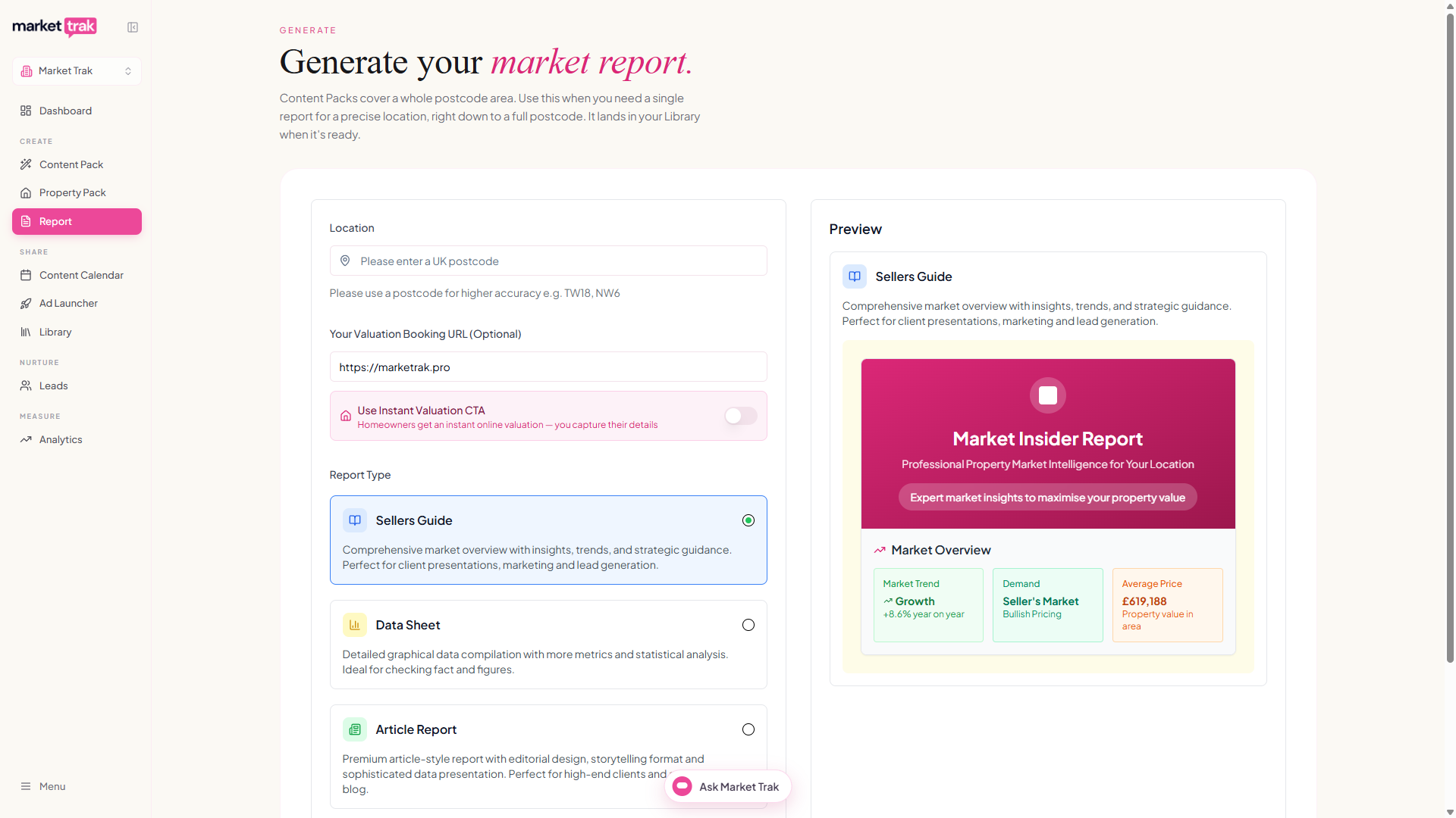 The Report generator with the location box, valuation booking URL, report type chooser and a live preview