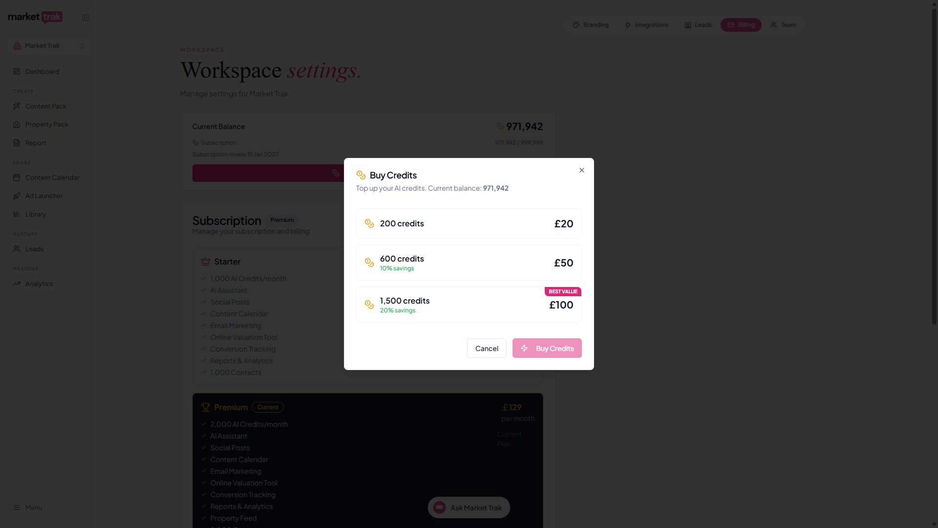 The Buy Credits window on the Billing page with the three credit packs and your current balance