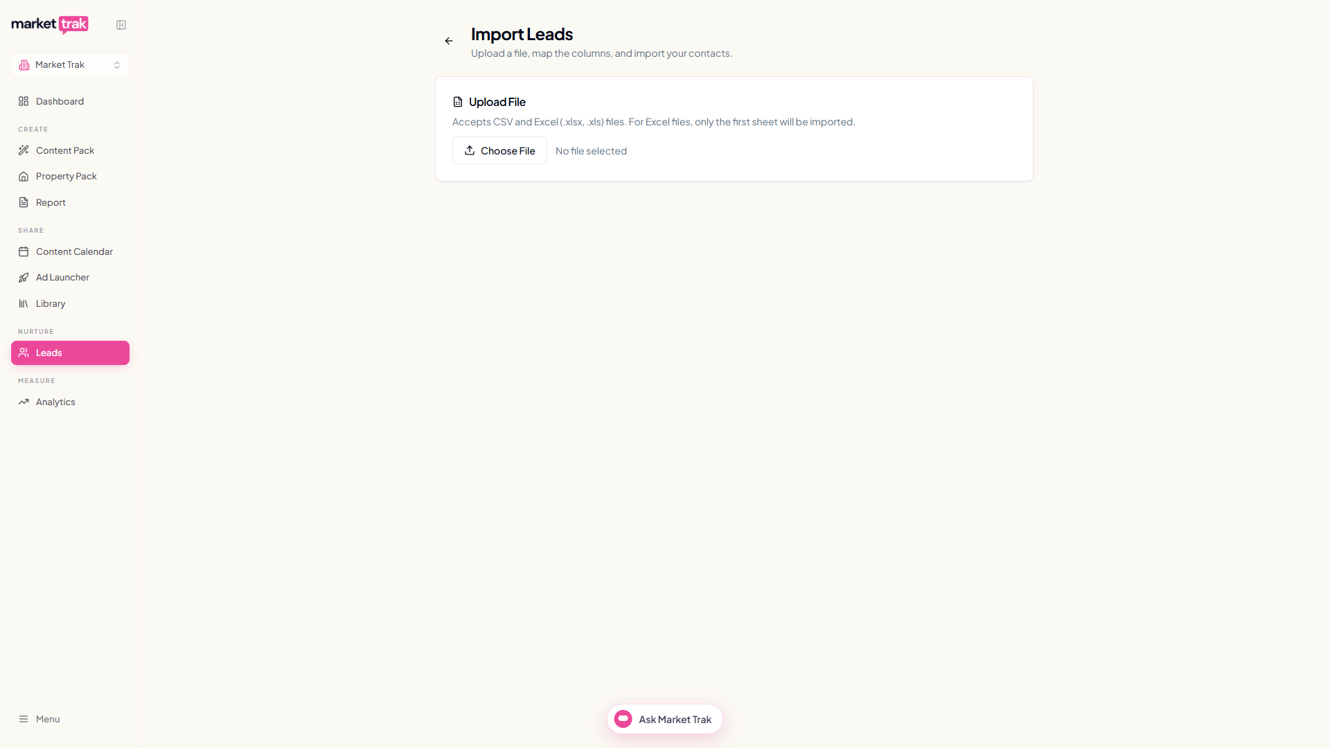The Import Leads page with the Upload File card accepting CSV and Excel files