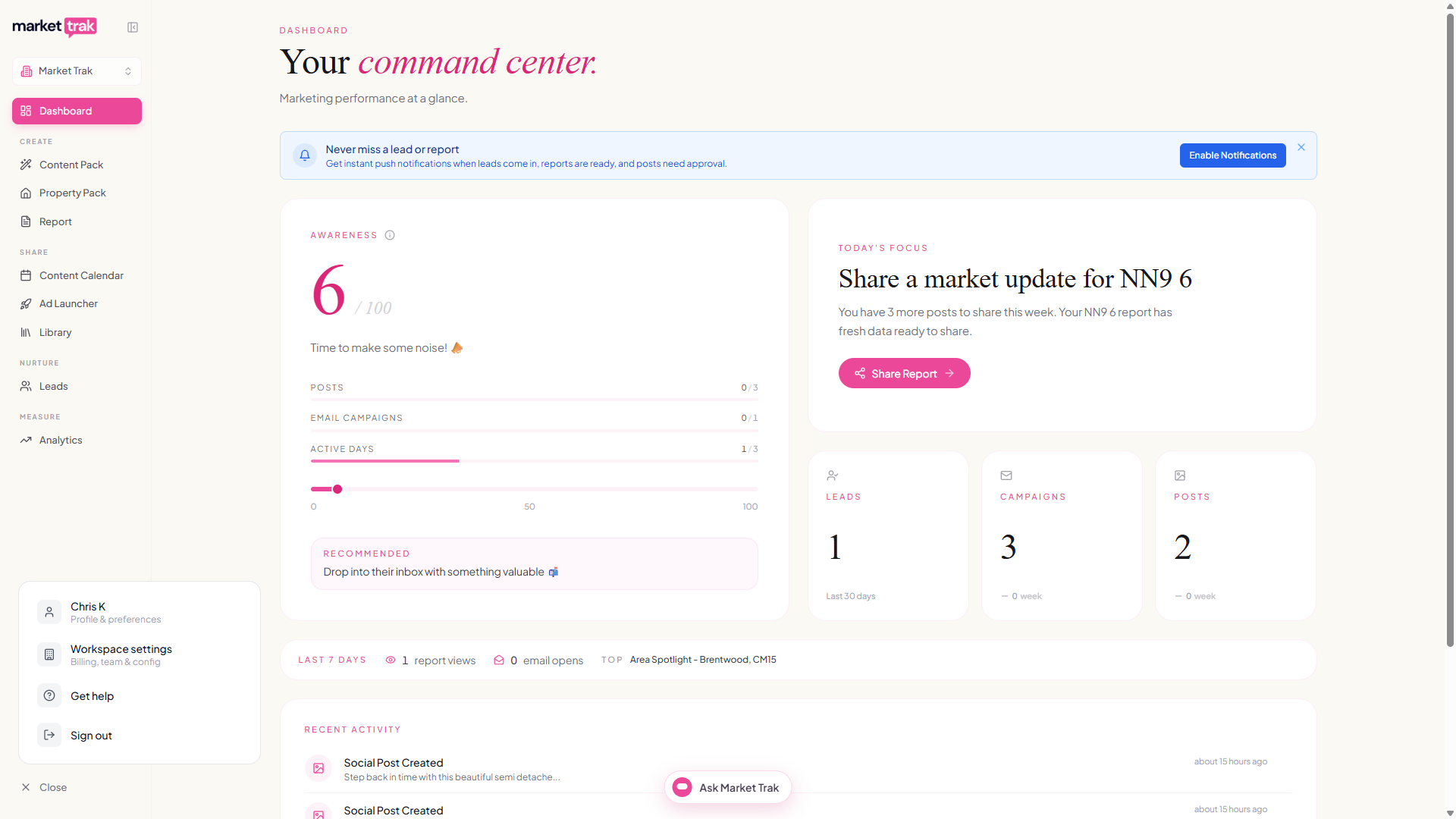 The sidebar with the Create, Share, Nurture and Measure groups, and the profile menu open at the bottom