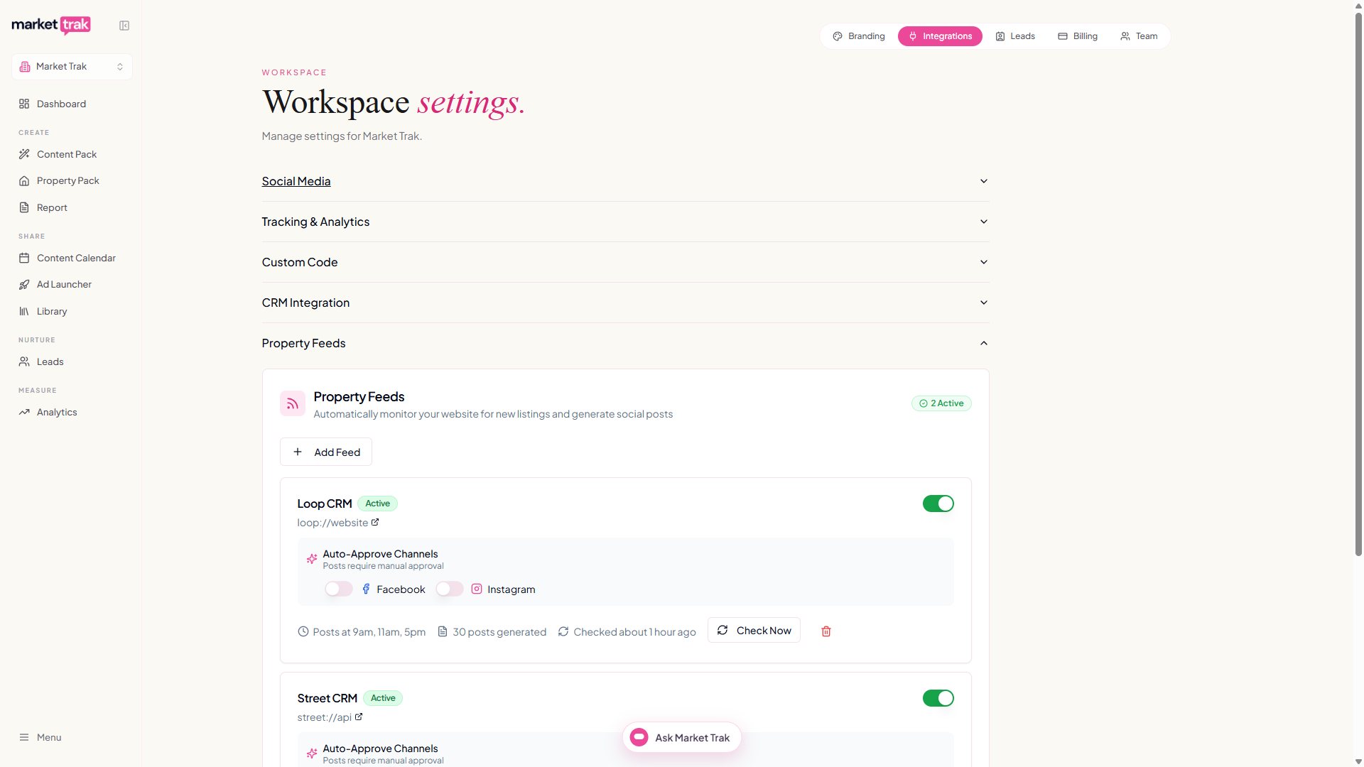 The Property Feeds section in Workspace Settings, with two active feeds, auto-approve channel toggles and the Add Feed button