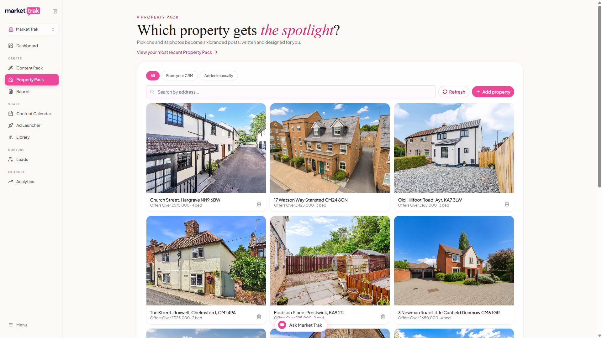 The Property Pack picker showing the property grid with source filters, search and the Add property button