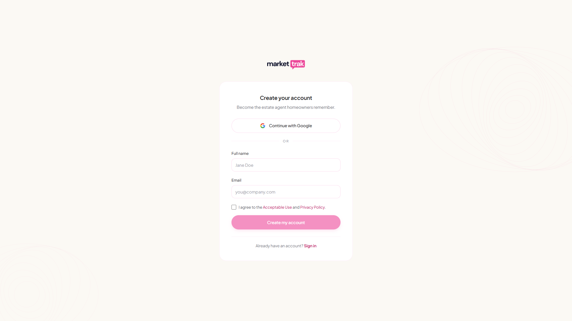 The Create your account screen with Continue with Google and the name and email signup form