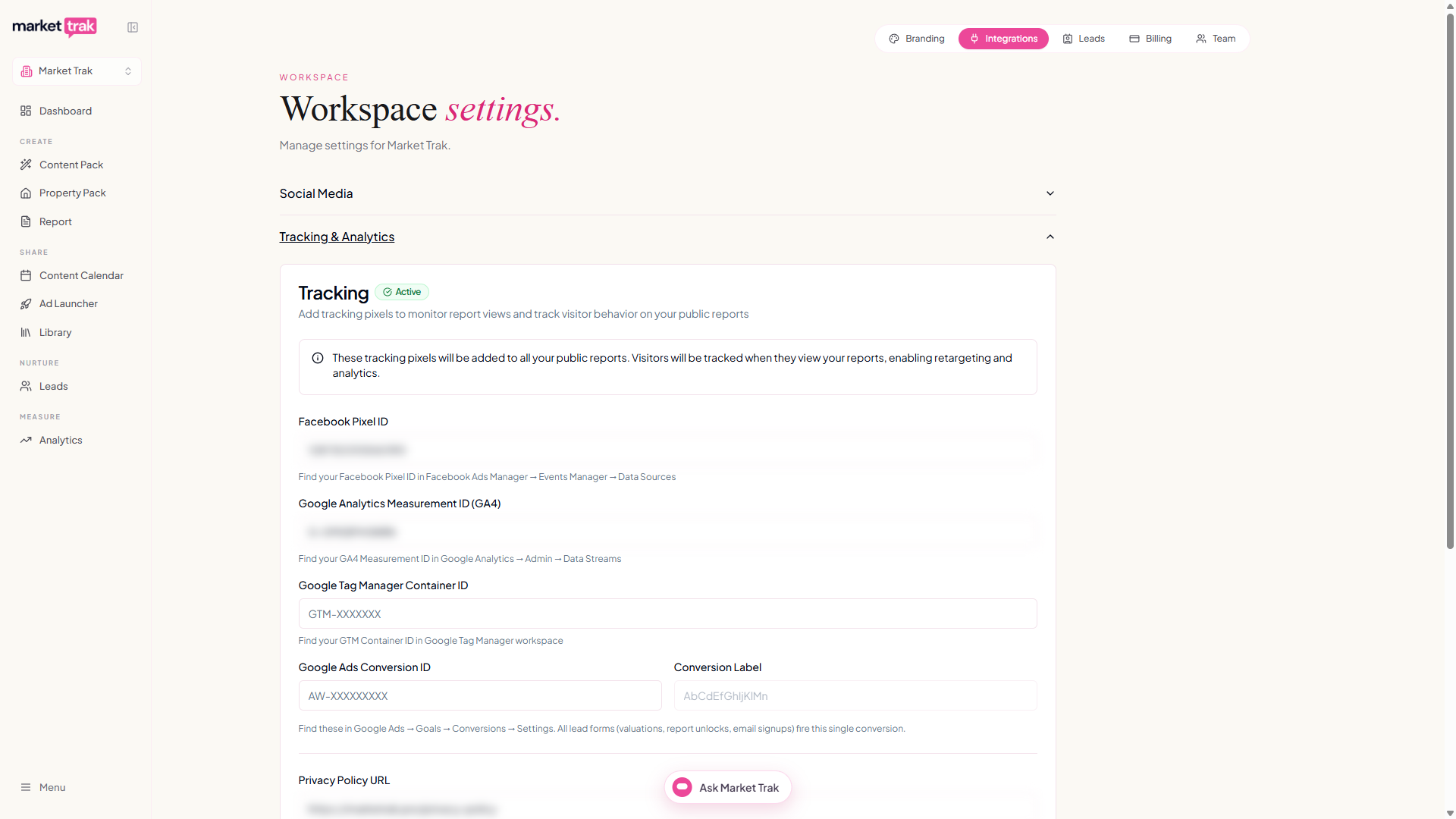 The Tracking and Analytics section with fields for the Facebook Pixel, GA4, Google Tag Manager and Google Ads IDs (values blurred)