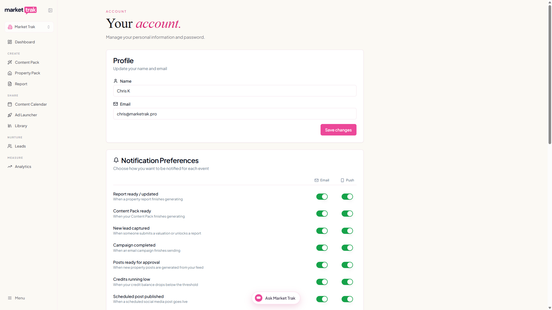 The user settings page with the Profile card and the Notification Preferences grid of email and push toggles
