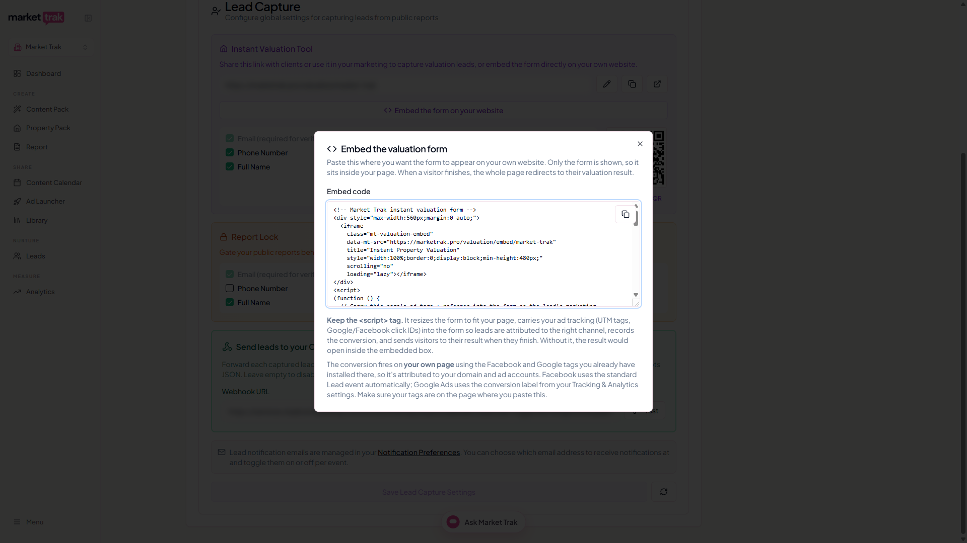 The Embed the valuation form window with the ready-to-paste embed code and guidance on keeping the script tag