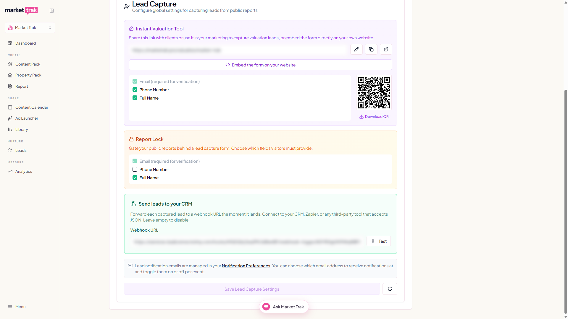 The Lead Capture settings with the Send leads to your CRM card and its webhook URL field (URL blurred)