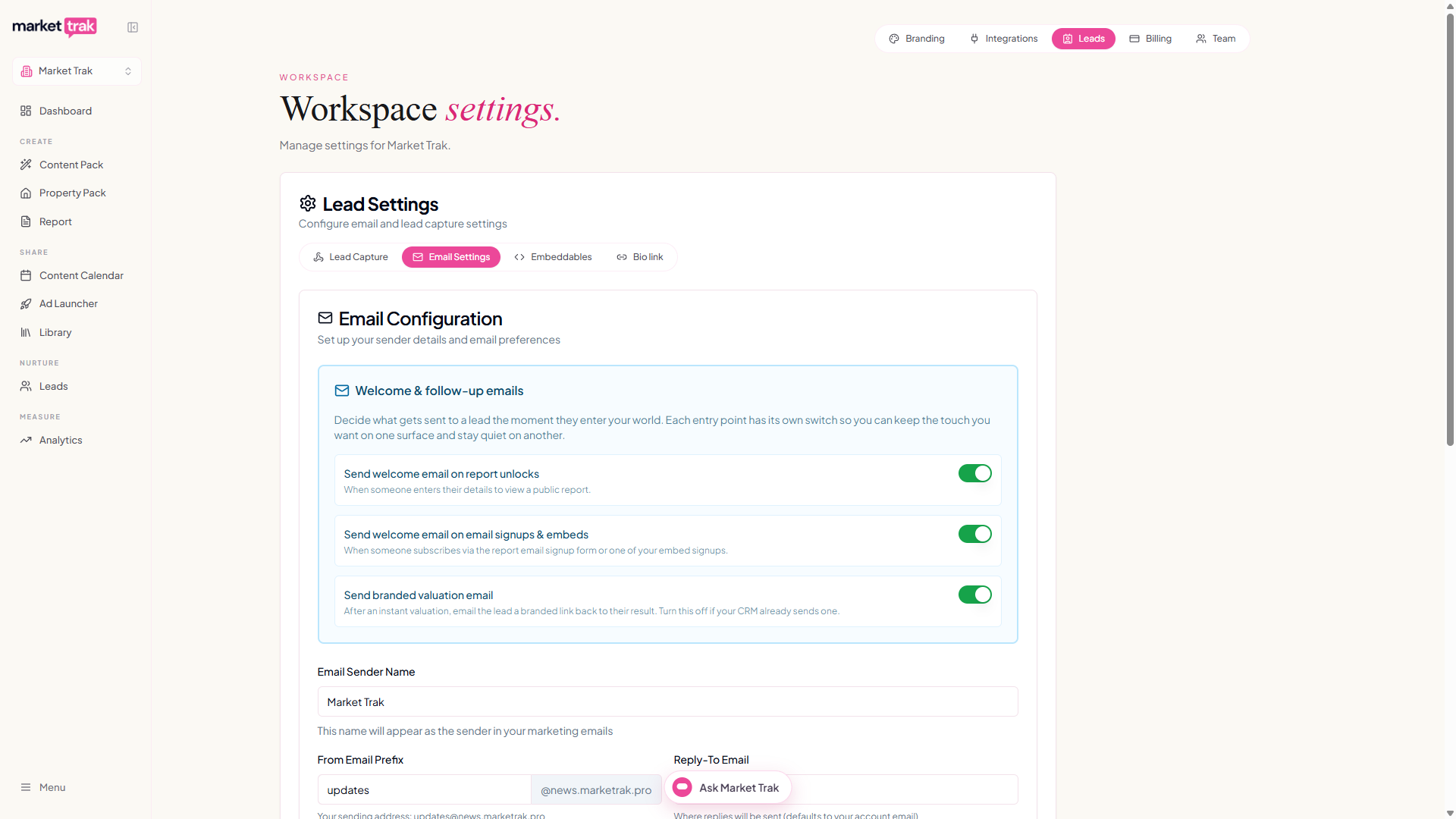 The Welcome and follow-up emails panel in Email Settings with the three per-surface switches