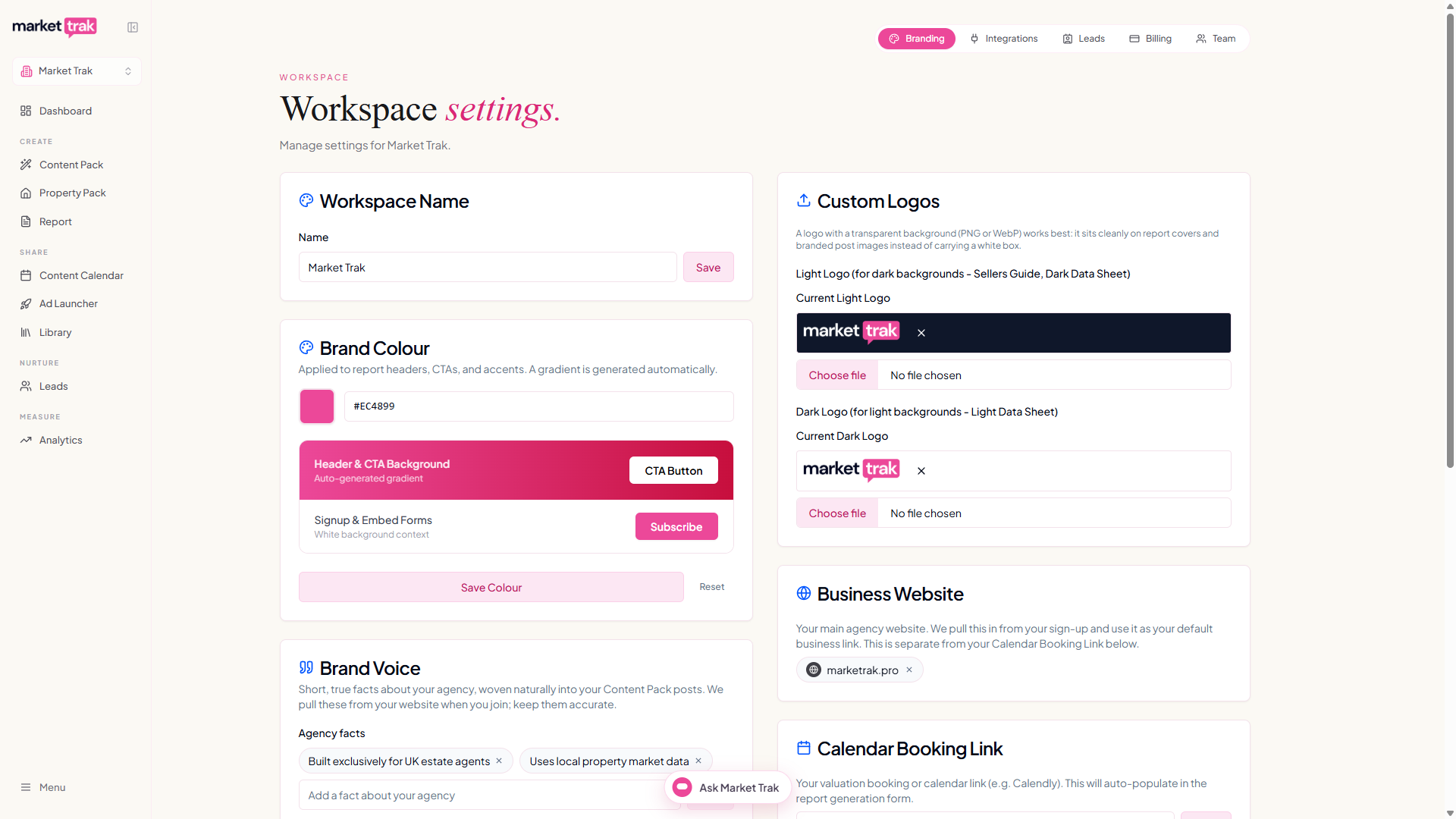 The Branding tab in Workspace Settings with the workspace name, brand colour, brand voice, logos and business website