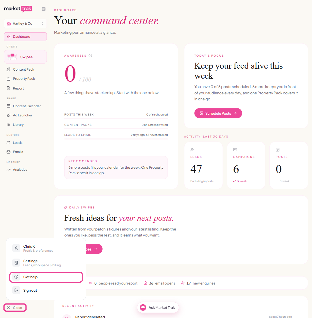 The Market Trak dashboard with the menu open at the bottom of the sidebar. Get help is highlighted in the menu, and the Menu button (reading Close while the menu is open) is highlighted below it.