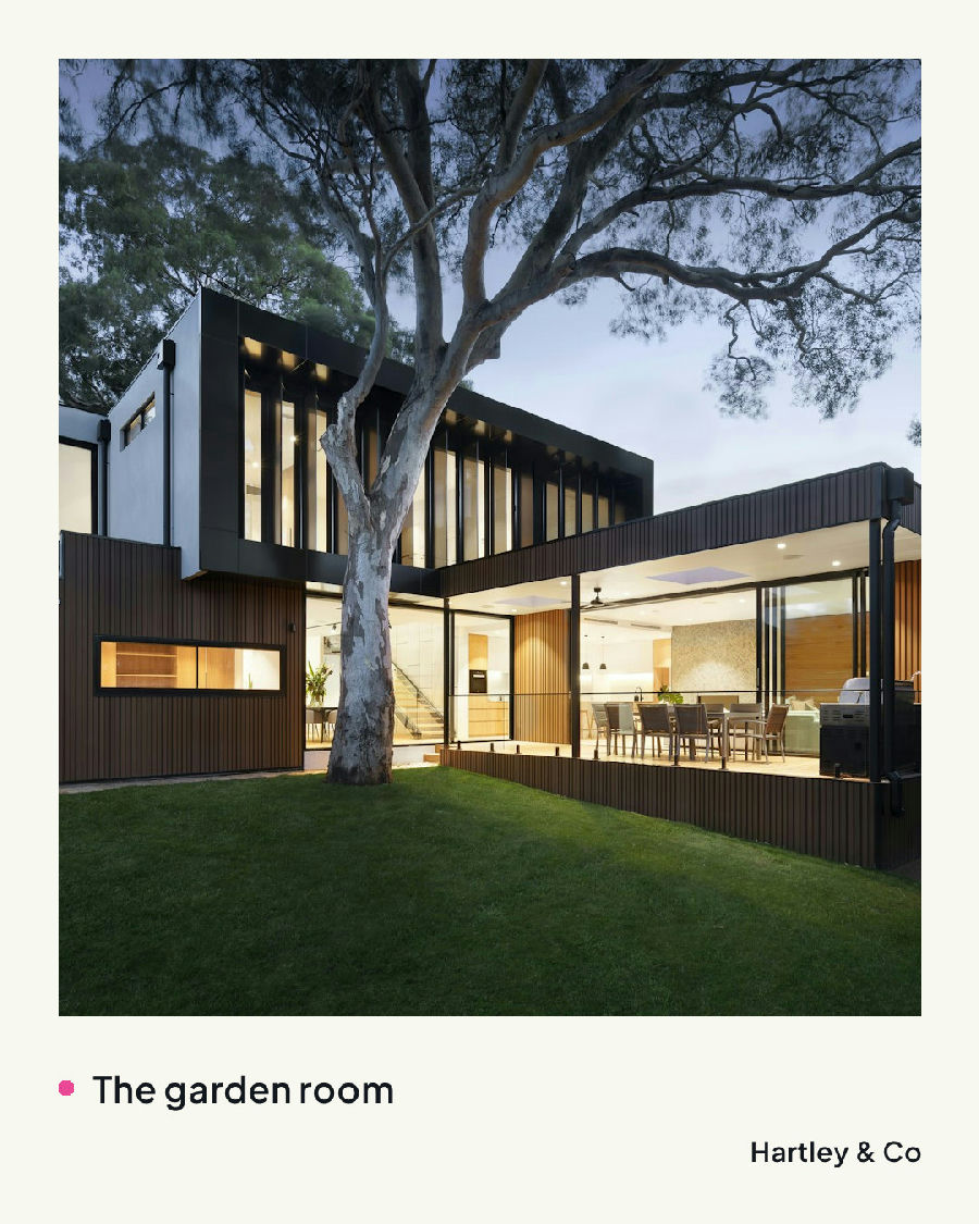 The exterior photo framed on cream, captioned The garden room