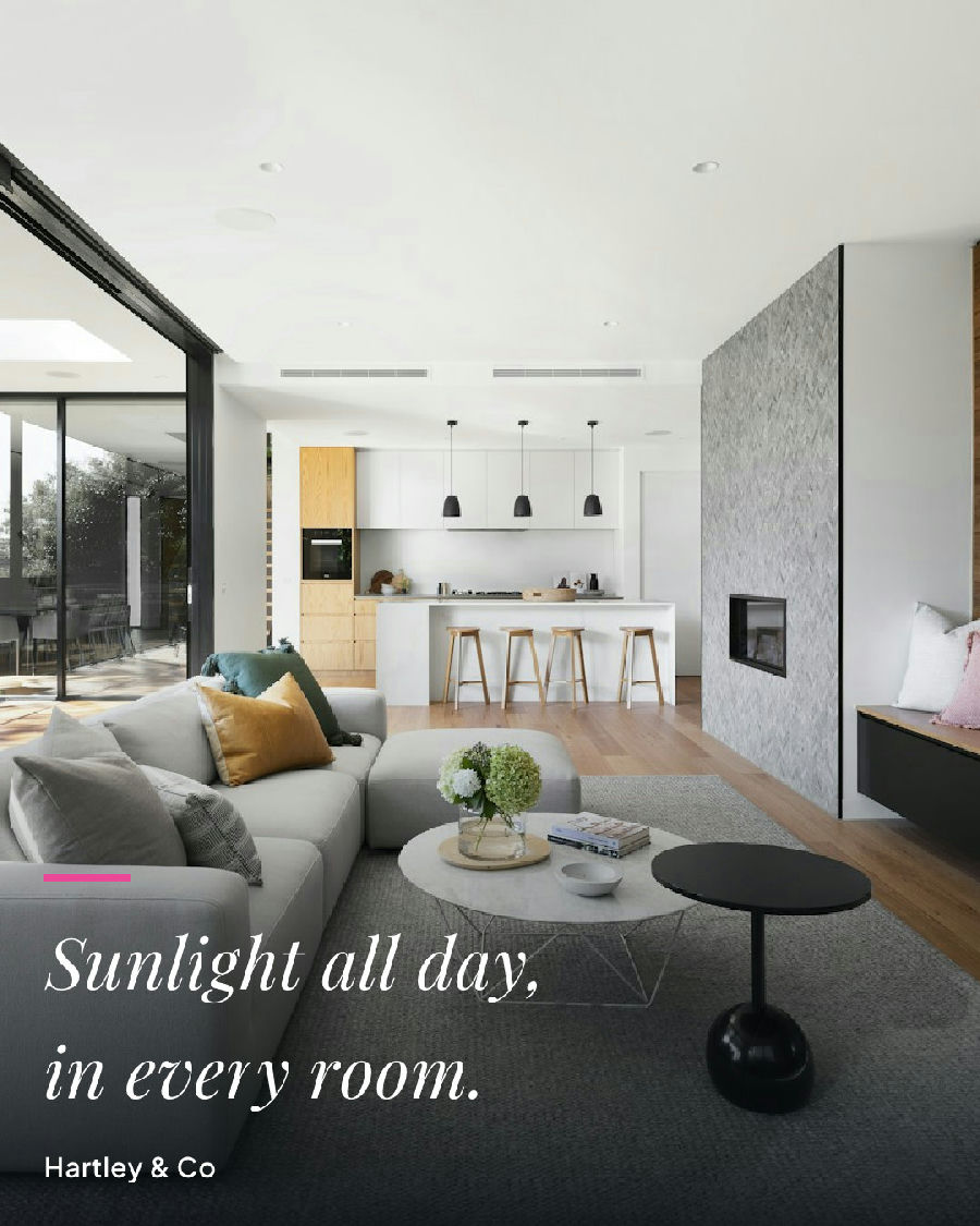 A serif line about the light, set over the living room photo